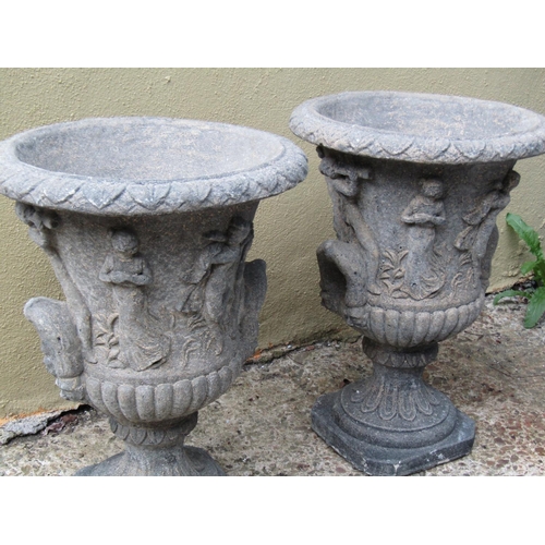 2090 - Pair of Composite Stone Pedestal Urns Classical Form Each Approximately 24 Inches High