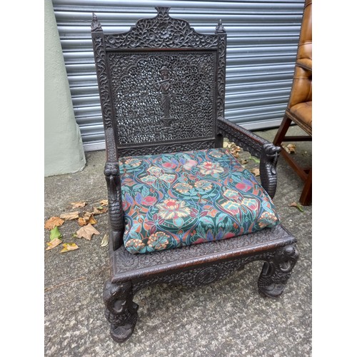 2078 - Antique Eastern Carved Hardwood Armchair with Cushion Approximately 24 Inches Wide