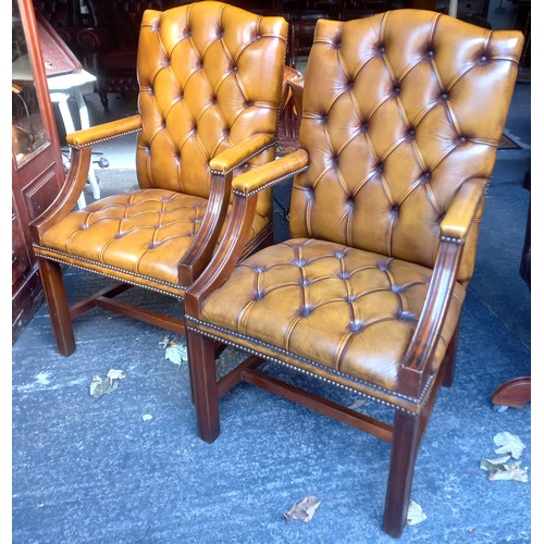 2092 - Pair of Tan Leather Deep Button Upholstered Upholstered Gainsborough Armchairs Mahogany Framed