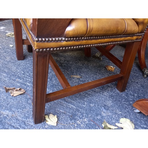 2092 - Pair of Tan Leather Deep Button Upholstered Upholstered Gainsborough Armchairs Mahogany Framed