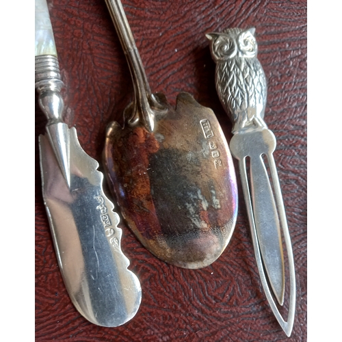 2093 - Silver Items Including Owl Motif Page Marker Quantity as Photographed Largest Approximately 12cm Lon... 