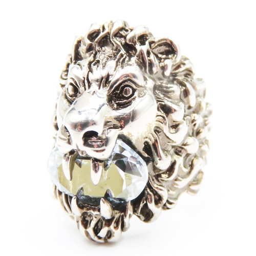 103 - Gucci Crystal Set Lion Motif Statement Ring Set in Silver Ring Size T and a Half Signed