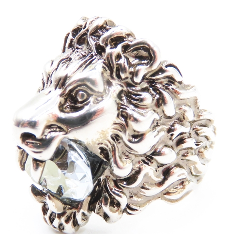 103 - Gucci Crystal Set Lion Motif Statement Ring Set in Silver Ring Size T and a Half Signed