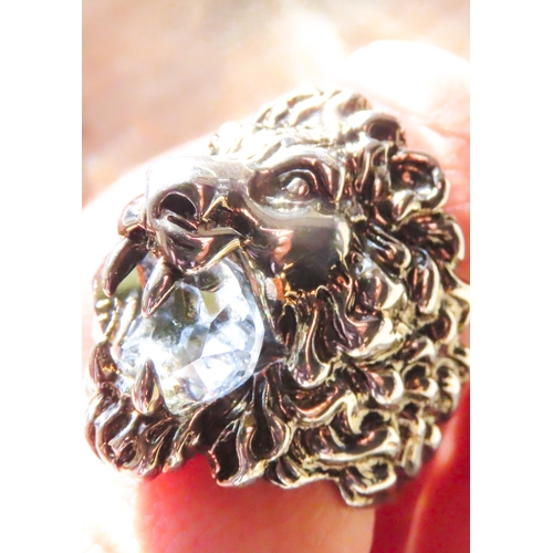 103 - Gucci Crystal Set Lion Motif Statement Ring Set in Silver Ring Size T and a Half Signed