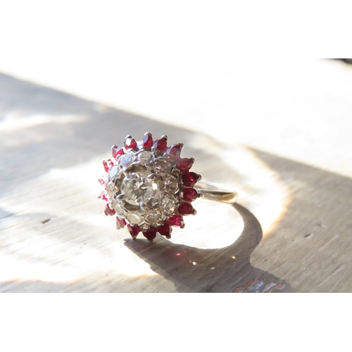 107 - Diamond Centre Stone Ring with Diamond and Marquise Cut Ruby Set Double Halo Surround Set in Platinu... 