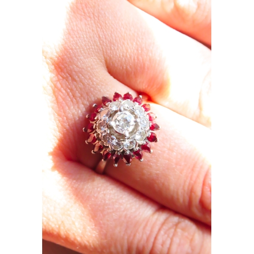 107 - Diamond Centre Stone Ring with Diamond and Marquise Cut Ruby Set Double Halo Surround Set in Platinu... 