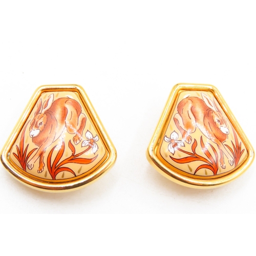 112 - Pair of HERMES Enamel Hare Motif Gold Plated Clip on Earrings Finely Detailed Signed Verso