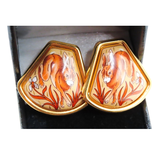 112 - Pair of HERMES Enamel Hare Motif Gold Plated Clip on Earrings Finely Detailed Signed Verso