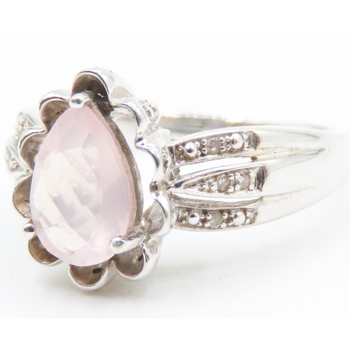 116 - Finely Detailed Pear Facet Cut Morganite Set Ring Diamond Inset to Shoulders Mounted in 9 Carat Whit... 