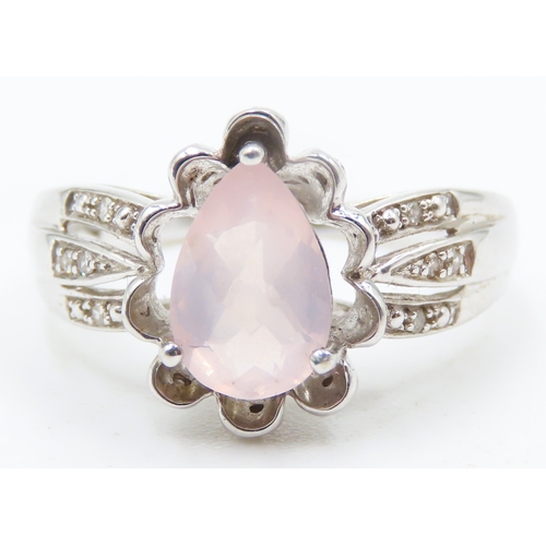 116 - Finely Detailed Pear Facet Cut Morganite Set Ring Diamond Inset to Shoulders Mounted in 9 Carat Whit... 