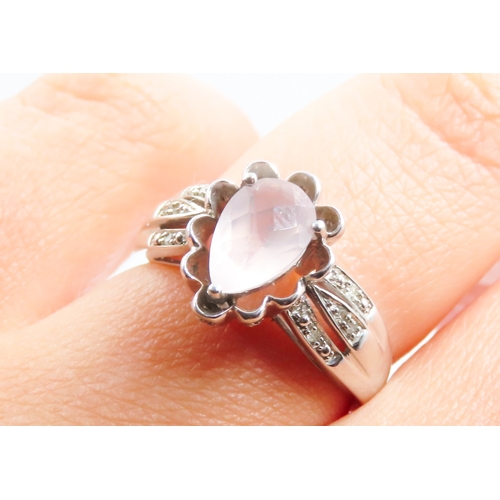 116 - Finely Detailed Pear Facet Cut Morganite Set Ring Diamond Inset to Shoulders Mounted in 9 Carat Whit... 