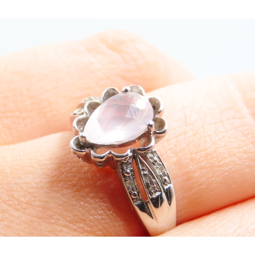 116 - Finely Detailed Pear Facet Cut Morganite Set Ring Diamond Inset to Shoulders Mounted in 9 Carat Whit... 