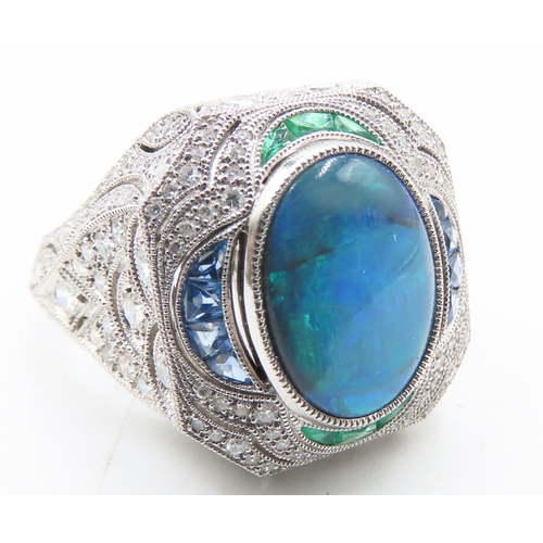 12 - Opal Centre Stone Cluster Ring Finely Detailed Set with Emerald Tanzanite and Diamonds Mounted in Pl... 