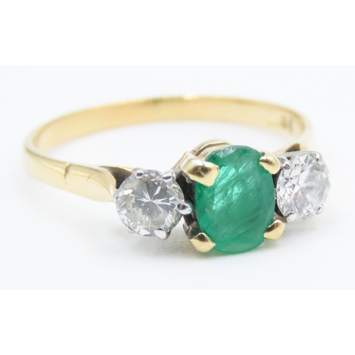 121 - Emerald and Diamond Set Three Stone Ring Four Claw Set Mounted in 18 Carat Yellow Gold Ring Size Q