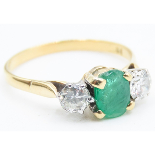 121 - Emerald and Diamond Set Three Stone Ring Four Claw Set Mounted in 18 Carat Yellow Gold Ring Size Q