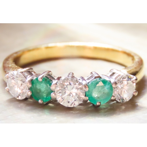 124 - Emerald and Diamond Five Stone Ring Set in Platinum Mounted on 18 Carat Yellow Gold Ring Size N