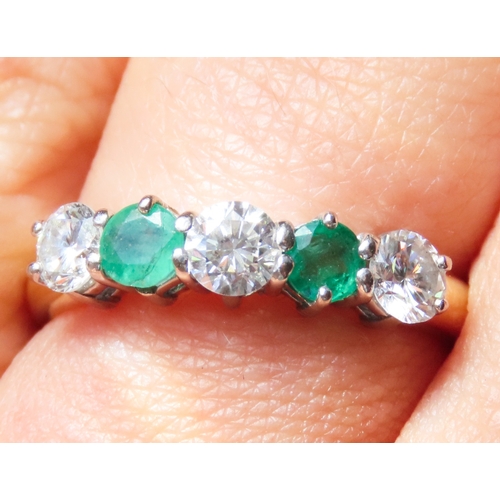 124 - Emerald and Diamond Five Stone Ring Set in Platinum Mounted on 18 Carat Yellow Gold Ring Size N