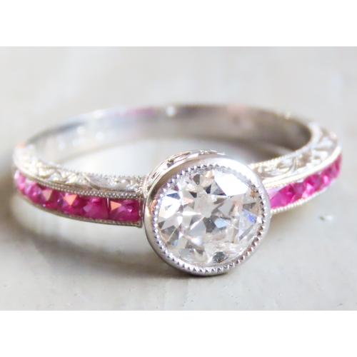 13 - Diamond Solitaire Ring Finely Detailed with Square Cut Rubies Set to Shoulders Incised Detailing Mou... 