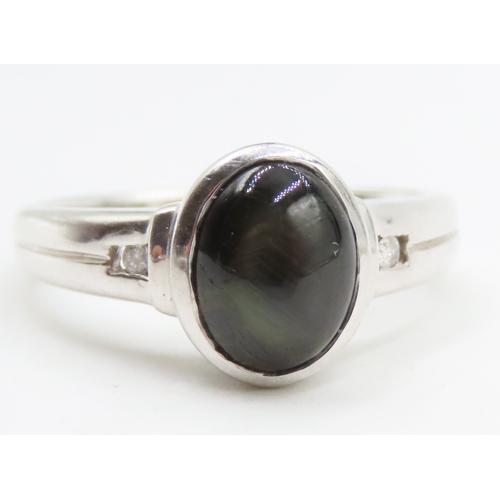 138 - Bezel Set Polished Agate Set Ring Mounted on 9 Carat White Gold Further Diamond Inset to Shoulders R... 