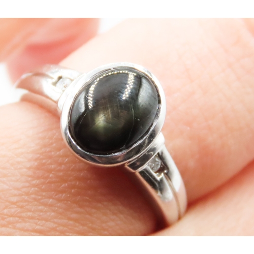 138 - Bezel Set Polished Agate Set Ring Mounted on 9 Carat White Gold Further Diamond Inset to Shoulders R... 