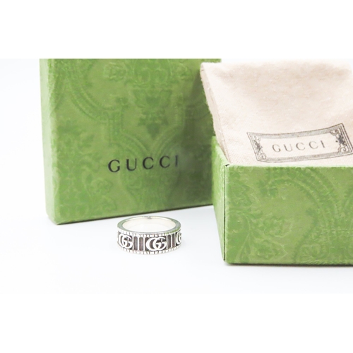 156 - Gucci Sterling Silver Heavy Band GG Logo Ring Size V with Original Gucci Presentation Box