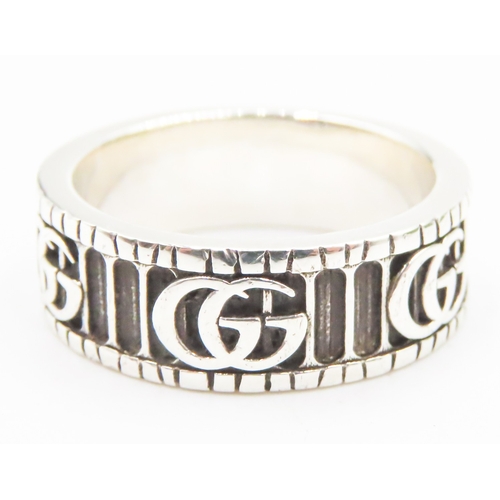 156 - Gucci Sterling Silver Heavy Band GG Logo Ring Size V with Original Gucci Presentation Box