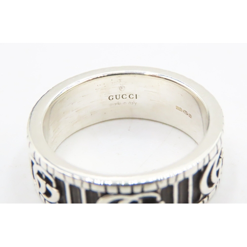 156 - Gucci Sterling Silver Heavy Band GG Logo Ring Size V with Original Gucci Presentation Box