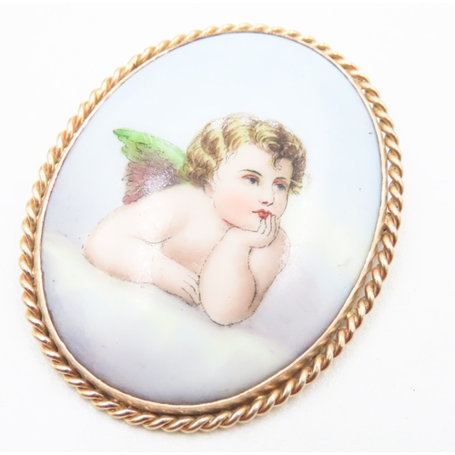 158 - Finely Painted Porcelain Panel Brooch Mounted in 9 Carat Yellow Gold 5cm High