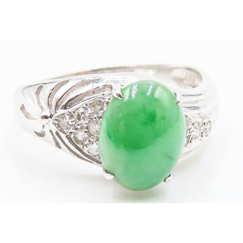 160 - Polished Jade and Diamond Cluster Ring Mounted on 18 Carat White Gold Ring Size M