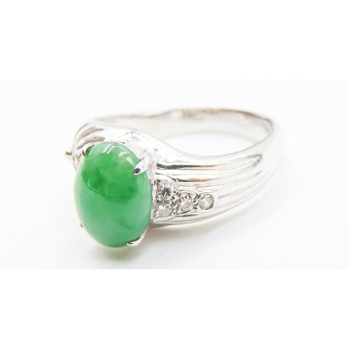 160 - Polished Jade and Diamond Cluster Ring Mounted on 18 Carat White Gold Ring Size M