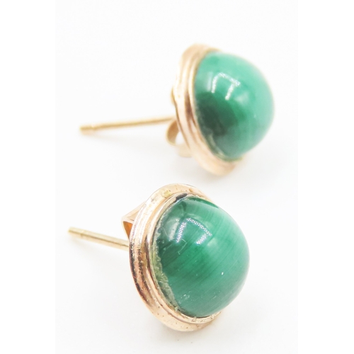 161 - Pair of Polished Malachite Set Earrings Mounted in 14 Carat Yellow Gold 8mm Diameter