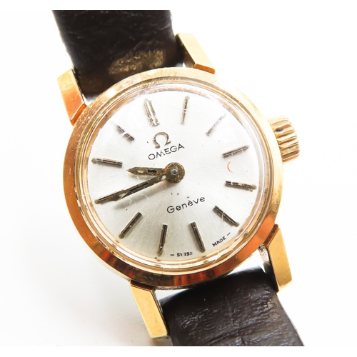 174 - Omega Geneve Swiss Made Ladies Wristwatch Champagne Dial Brown Leather Strap Omega Case Present