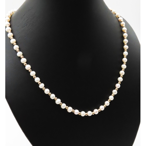 191 - Ladies Pearl Necklace with 14 Carat Yellow Gold Spacer Beads and Clasp 45cm Long with Matching Pearl... 