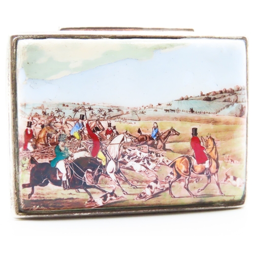 203 - Silver Enamel Decorated Hunting Scene Pill Box Hinge Cover 5.5cm by 4.5cm