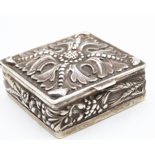 205 - Silver Floral Motif Square Snuff Box Attractively Detailed Hinge Cover 3.5cm by 3.5cm