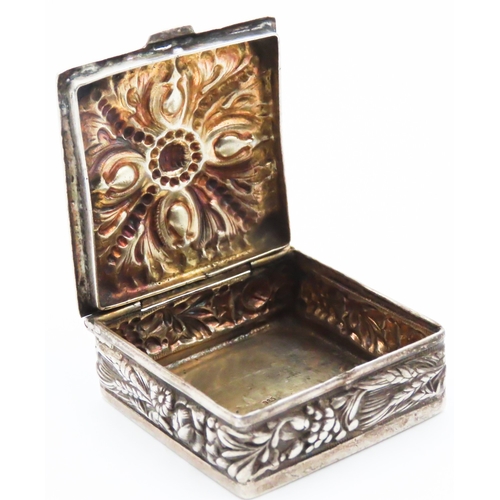 205 - Silver Floral Motif Square Snuff Box Attractively Detailed Hinge Cover 3.5cm by 3.5cm