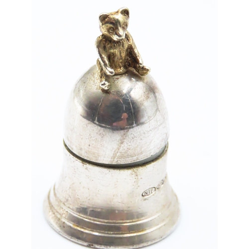 206 - Silver Teddy Bear Motif Bell Form Keep Sake Box Screw Top 4cm High