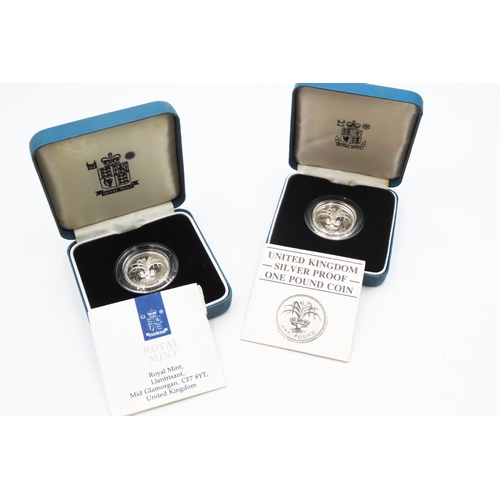 208 - Two Silver Proof One Pound Coins National Emblem of Wales 'The Leek' on Reverse 1990 Encapsulated wi... 