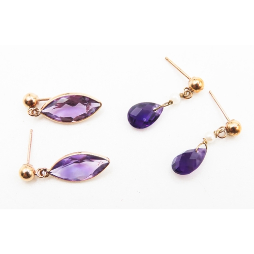 211 - Two Pairs of Amethyst Set 9 Carat Yellow Gold Drop Earrings 2cm High