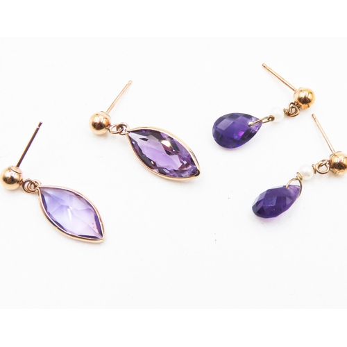 211 - Two Pairs of Amethyst Set 9 Carat Yellow Gold Drop Earrings 2cm High