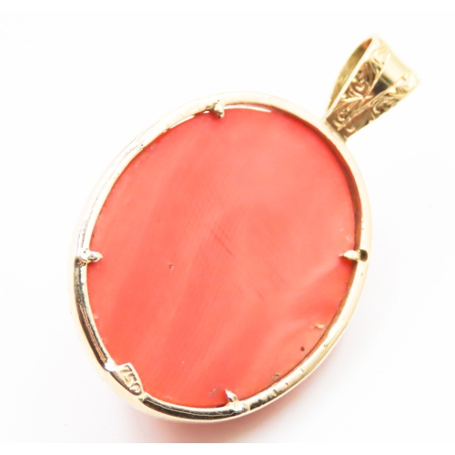 214 - 18 Carat Yellow Gold Mounted Pendant Red Coral Carved Classical Profile 3cm High Further Set on 9 Ca... 