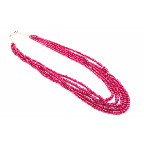 219 - Ruby Five Strand Graduated Form Bead Necklace with 18 Carat Yellow Gold Chain and Clasp Shortest Str... 