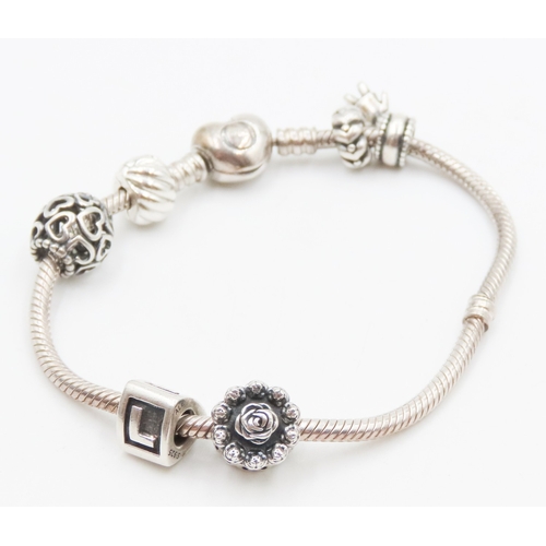 22 - Silver Pandora Charm Bracelet with Six Charms 19.5cm Long