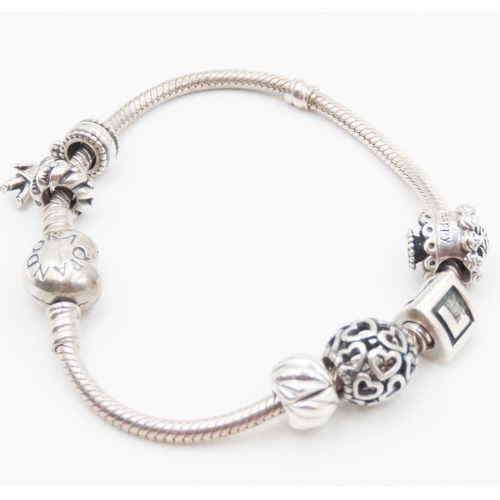 22 - Silver Pandora Charm Bracelet with Six Charms 19.5cm Long