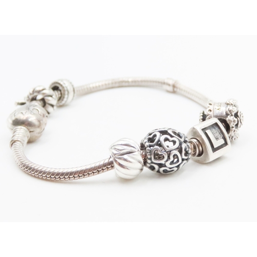 22 - Silver Pandora Charm Bracelet with Six Charms 19.5cm Long