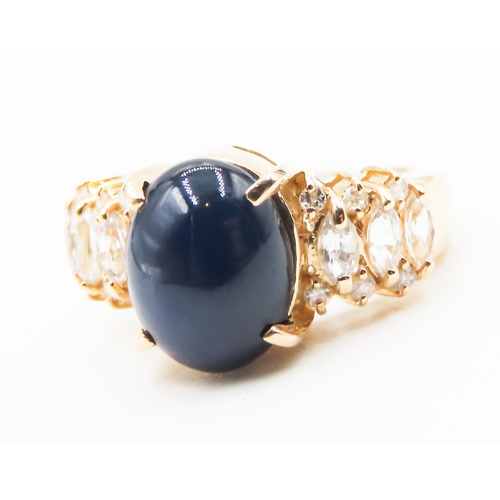 220 - Cabochon Cut Sapphire Centre Stone Ring with Glacier Topaz Set to Shoulders Mounted in 18 Carat Yell... 