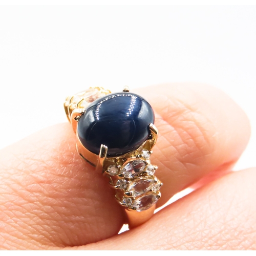 220 - Cabochon Cut Sapphire Centre Stone Ring with Glacier Topaz Set to Shoulders Mounted in 18 Carat Yell... 