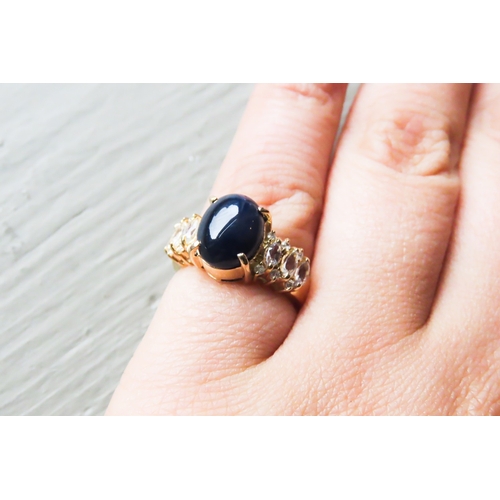 220 - Cabochon Cut Sapphire Centre Stone Ring with Glacier Topaz Set to Shoulders Mounted in 18 Carat Yell... 