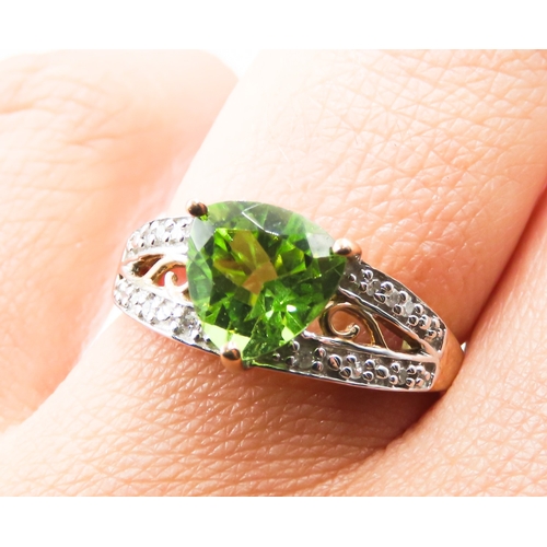 223 - Triangle Cut Peridot Centre Stone Ring with Diamonds Set to Shoulders Mounted in 9 Carat Yellow Gold... 