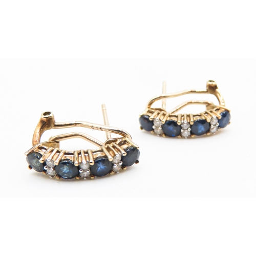 227 - Pair of Four Stone Sapphire and Diamond Set Ladies Earrings Mounted in 9 Carat Yellow Gold 1.5cm Hig... 